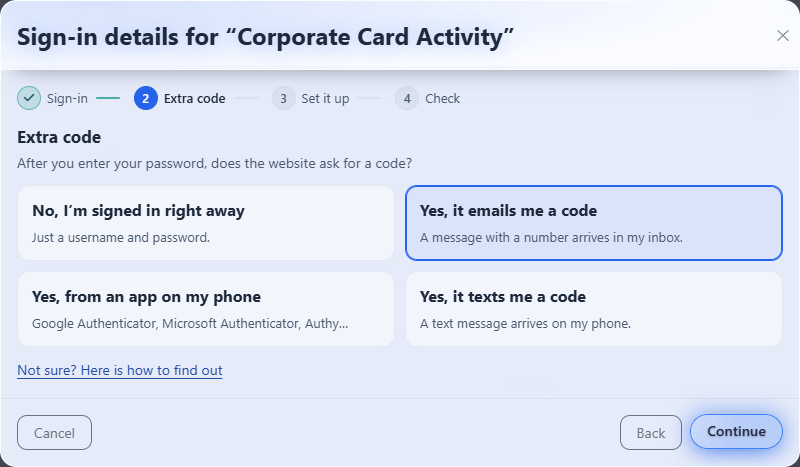 Sign-in details window asking whether the website asks for a code: no code, emailed code, authenticator app, or text message