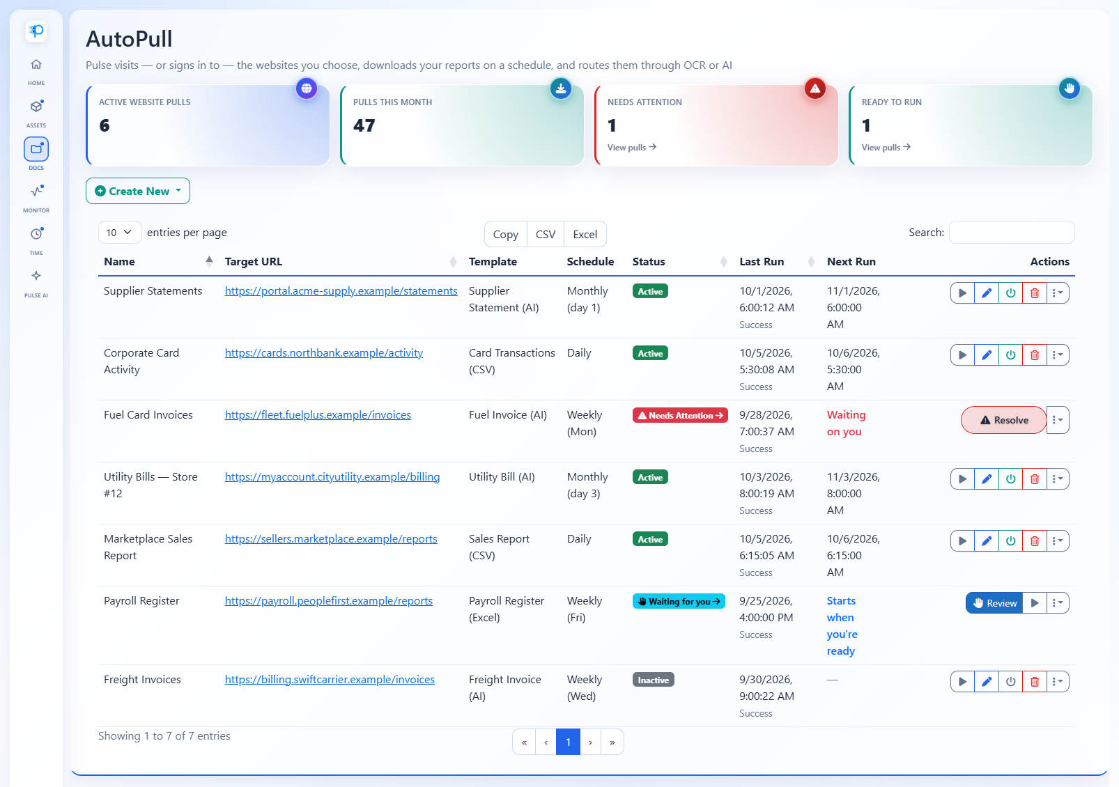 AutoPull list in Pulse showing scheduled website pulls with status, last run, next run, and Needs Attention and Ready to Run counts