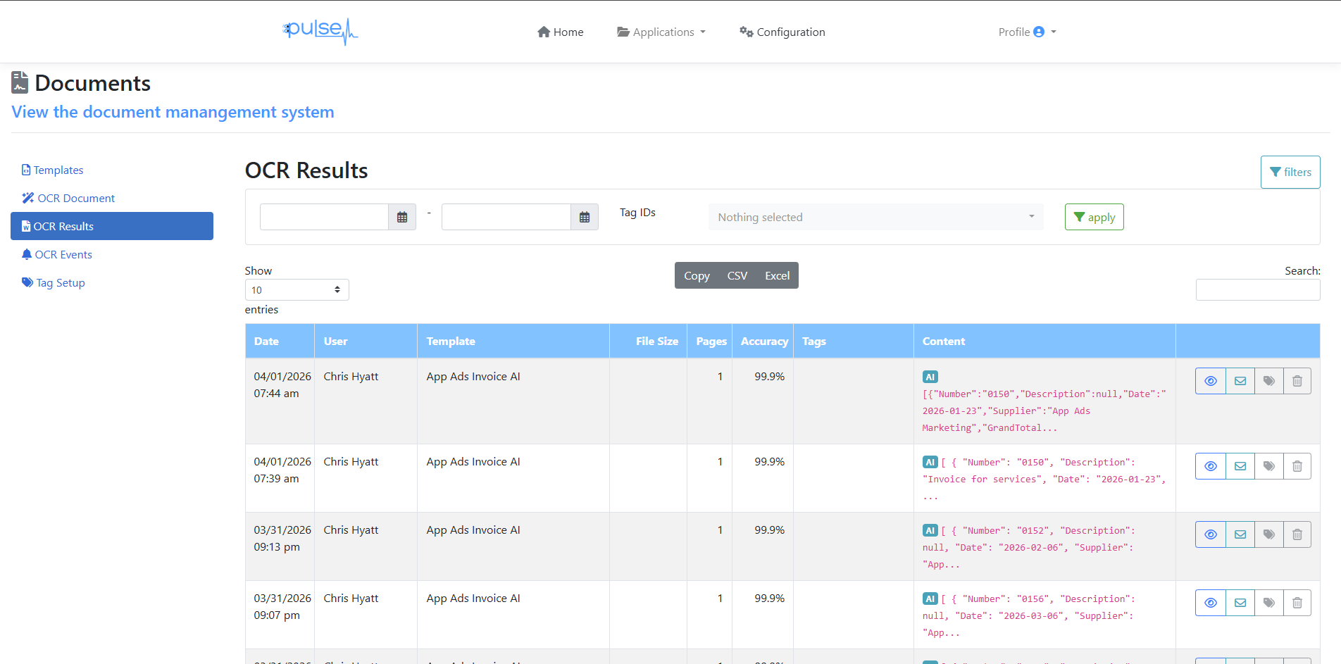 Pulse OCR Results — processed invoices with 99.9% accuracy